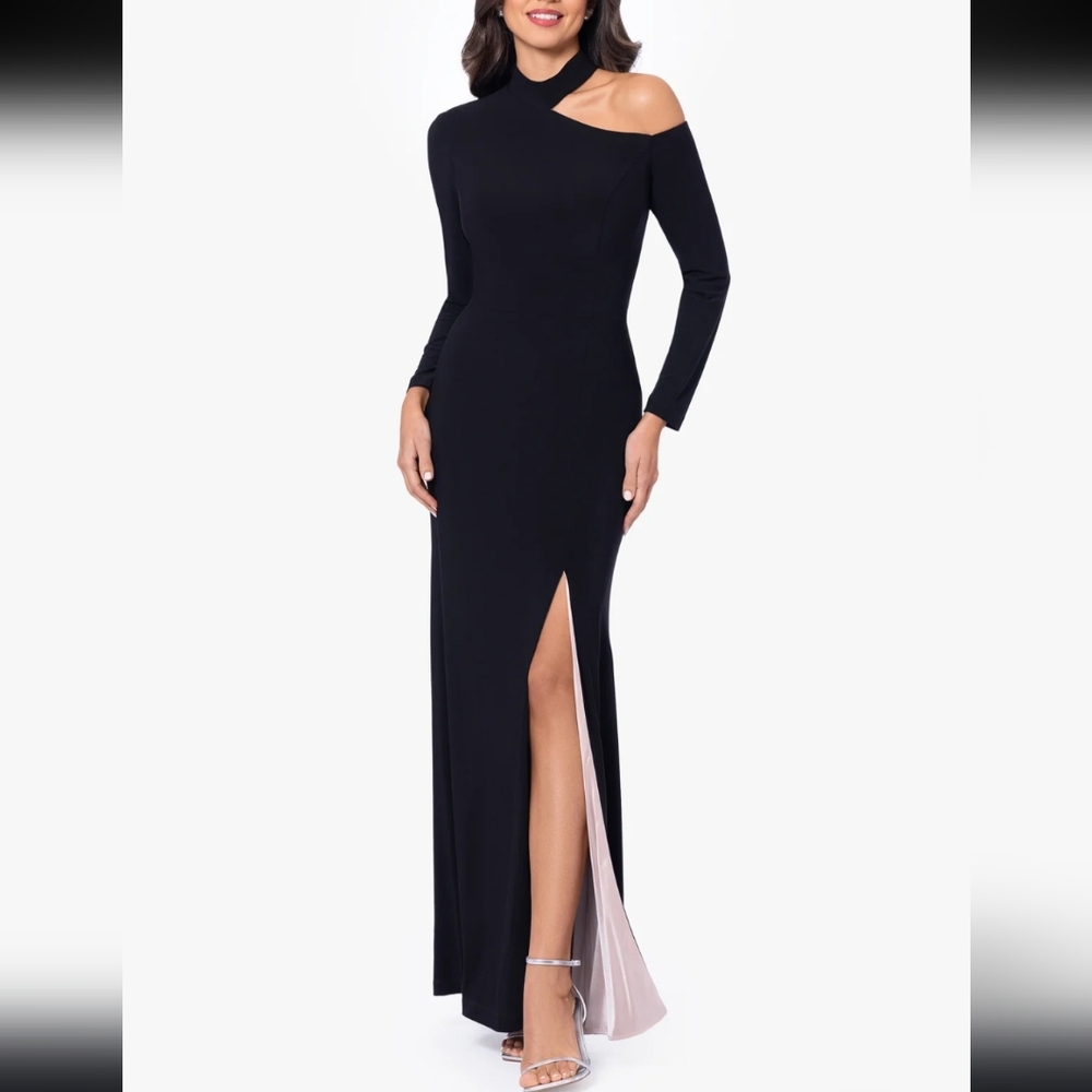 XSCAPE Plus Size Shoulder-Cutout High-Slit Evening Gown Peek-a-boo Pink Sz 16